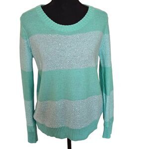 Qi Womens Striped Sequin Embellished Wool Blend Knit Pullover Sweater Aqua Small
